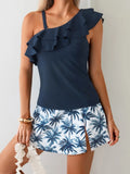 Woman Tankini Swimwear Sleeveless Crop Top Ruffle Trim Ribbed Fabric Tankini Set Leopard Print A Line Skirt Two Piece Swimsuit