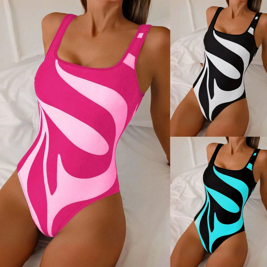 Woman Tankini Abstract Print Bikini High Cut Leg Swimsuit Square Neck Bathing Suit Pink And White Swimwear Tankinis Y2k Women's
