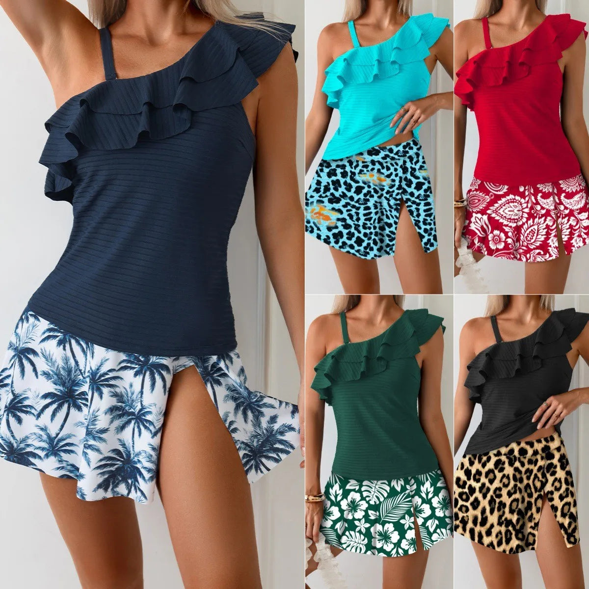 Woman Tankini Swimwear Sleeveless Crop Top Ruffle Trim Ribbed Fabric Tankini Set Leopard Print A Line Skirt Two Piece Swimsuit