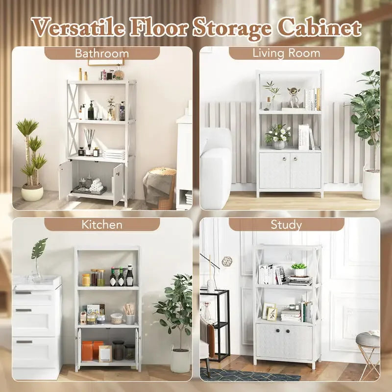 Bathroom Storage Cabinet with Open Shelves and Double Doors-White