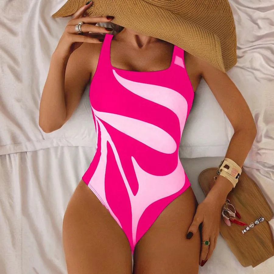 Woman Tankini Abstract Print Bikini High Cut Leg Swimsuit Square Neck Bathing Suit Pink And White Swimwear Tankinis Y2k Women's