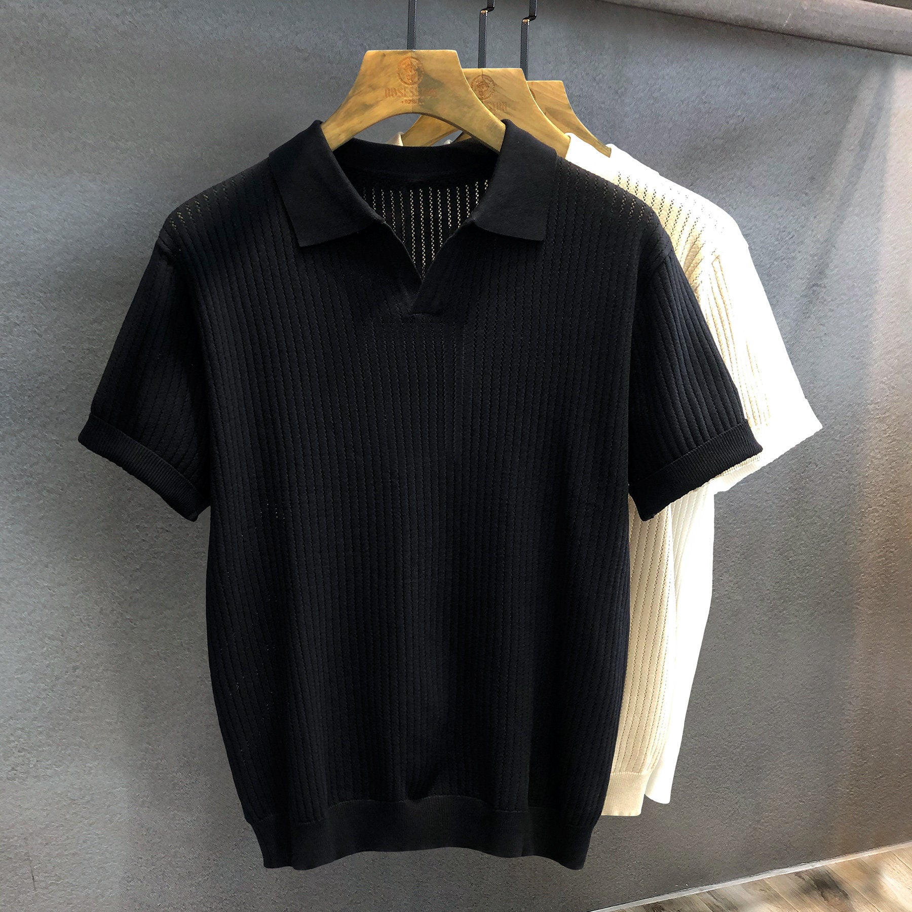 Mens V-Neck Knit Polo Shirt
