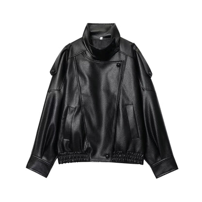 TFMLN Chic Black Faux Leather Jackets Women Long Sleeve Buttons Elastic Oversized Coats Fashion 2025 Autumn Winter Streetwear