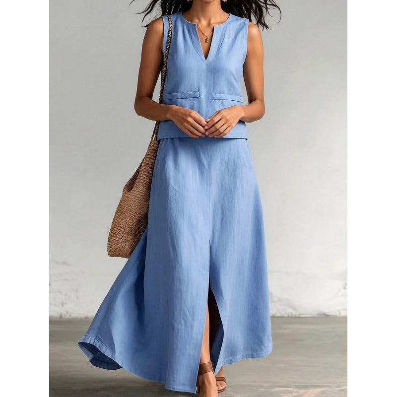 Linen Sleeveless Solid Color Cotton And Linen V-neck Sleeveless Top Casual Diagonal Pocket Skirt Suit