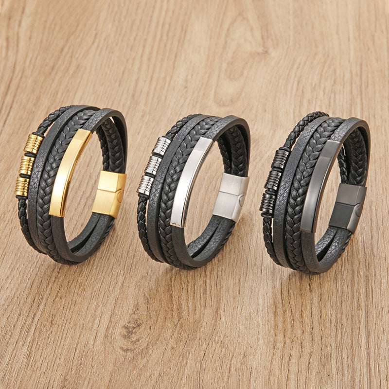 Cross-border Explosive Leather Rope Bracelet Stainless Steel Braided