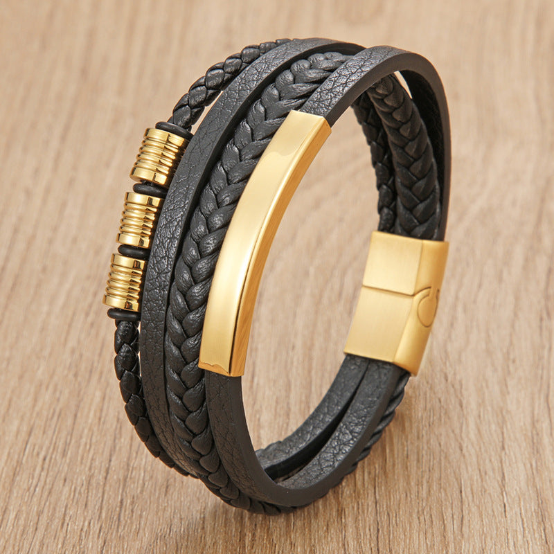 Cross-border Explosive Leather Rope Bracelet Stainless Steel Braided