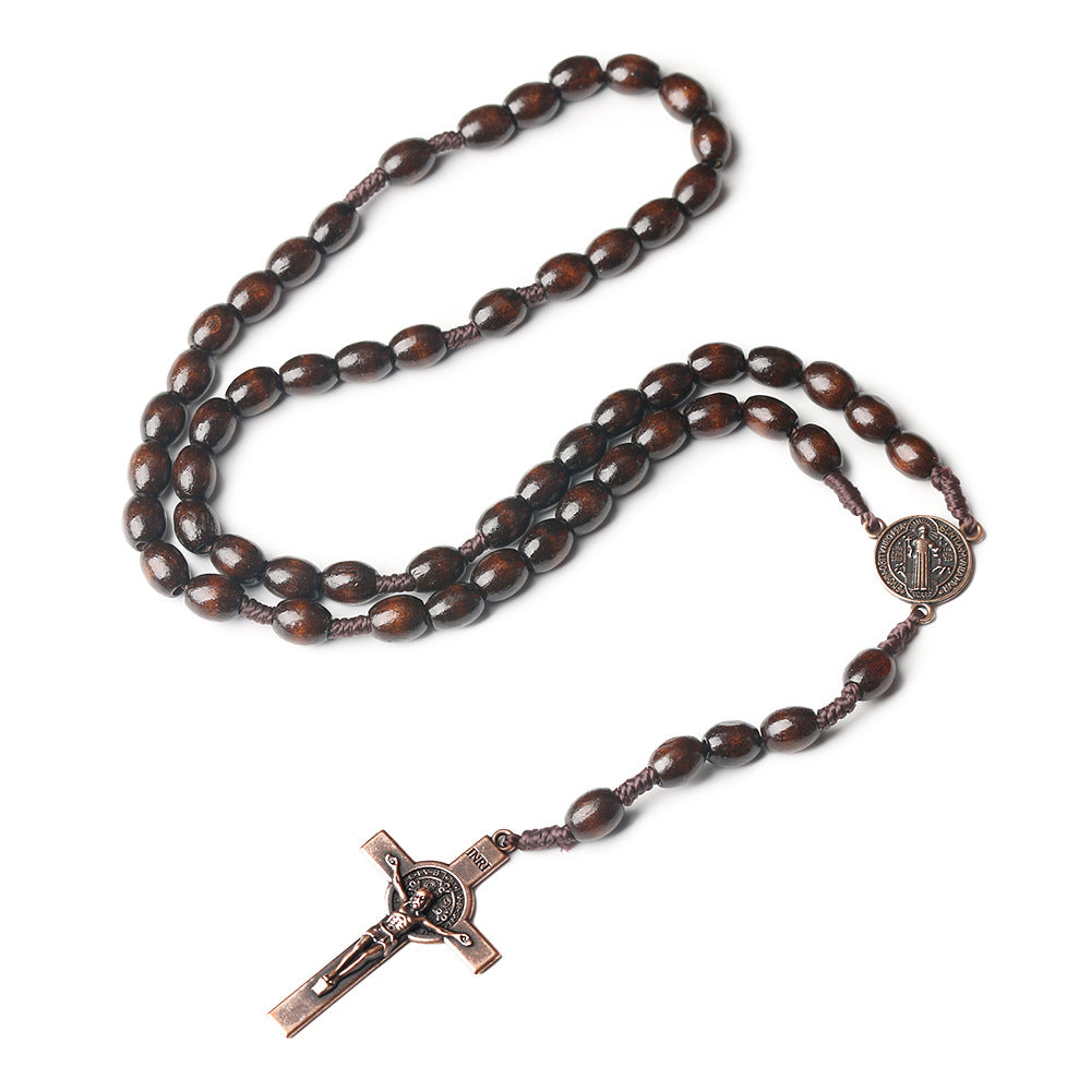 Wooden Beaded Necklace Cross Woven Brown and Beige Beads
