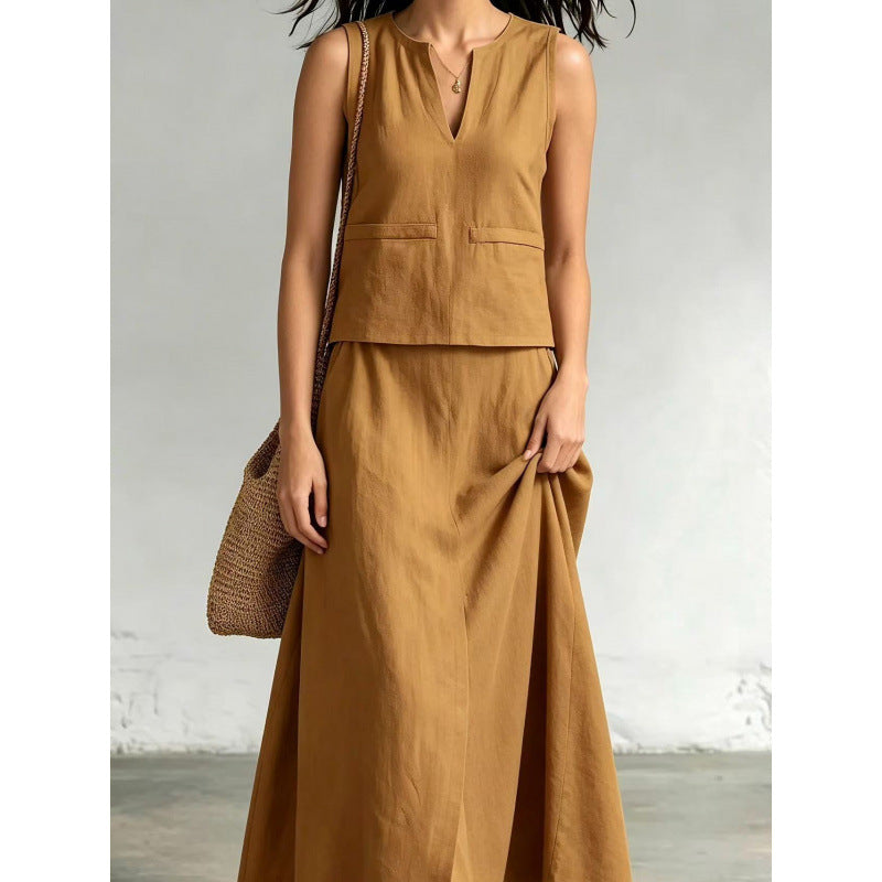 Linen Sleeveless Solid Color Cotton And Linen V-neck Sleeveless Top Casual Diagonal Pocket Skirt Suit