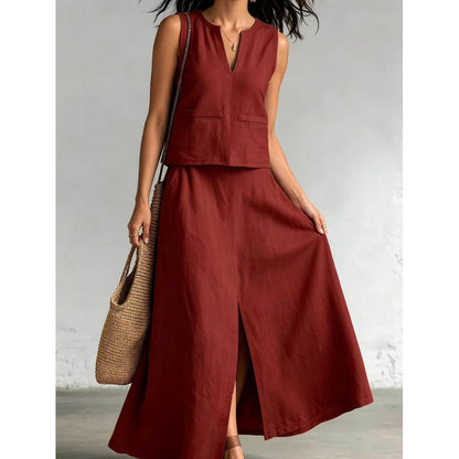 Linen Sleeveless Solid Color Cotton And Linen V-neck Sleeveless Top Casual Diagonal Pocket Skirt Suit