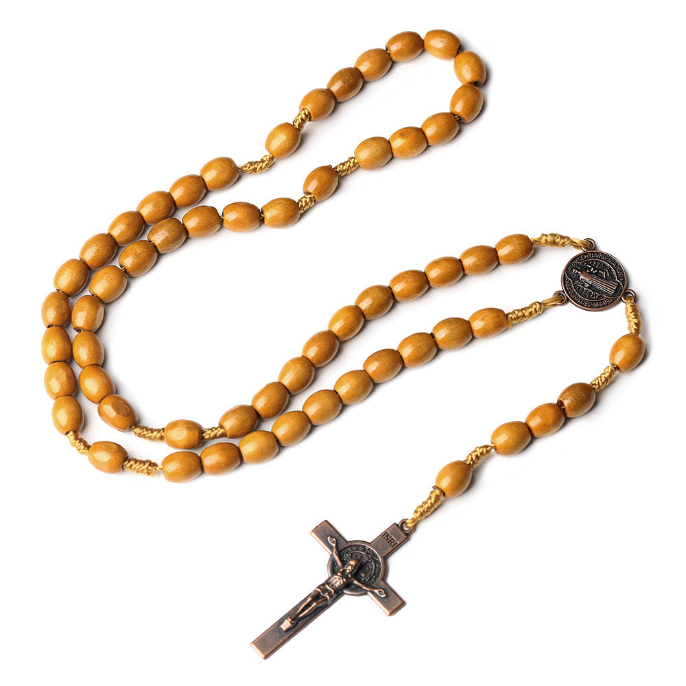 Wooden Beaded Necklace Cross Woven Brown and Beige Beads
