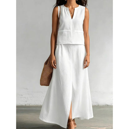 Linen Sleeveless Solid Color Cotton And Linen V-neck Sleeveless Top Casual Diagonal Pocket Skirt Suit