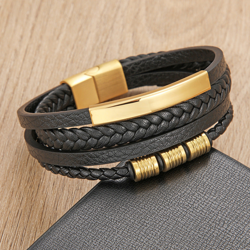 Cross-border Explosive Leather Rope Bracelet Stainless Steel Braided