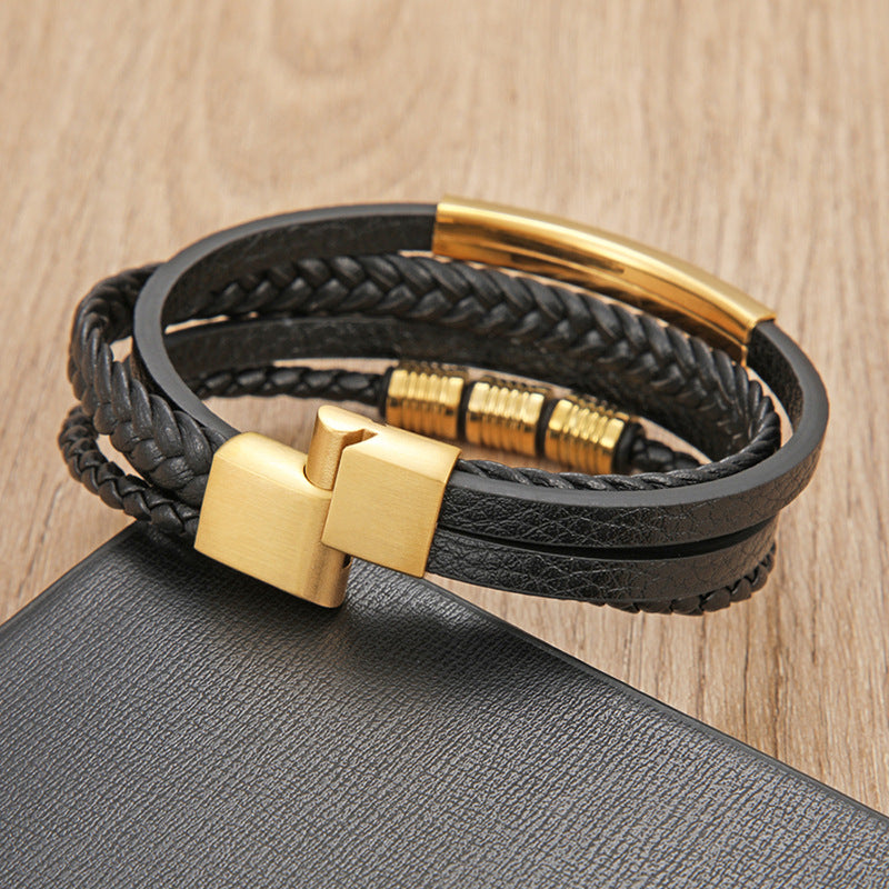 Cross-border Explosive Leather Rope Bracelet Stainless Steel Braided