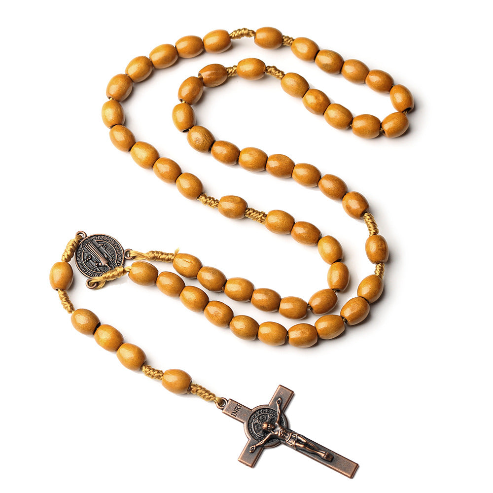 Wooden Beaded Necklace Cross Woven Brown and Beige Beads