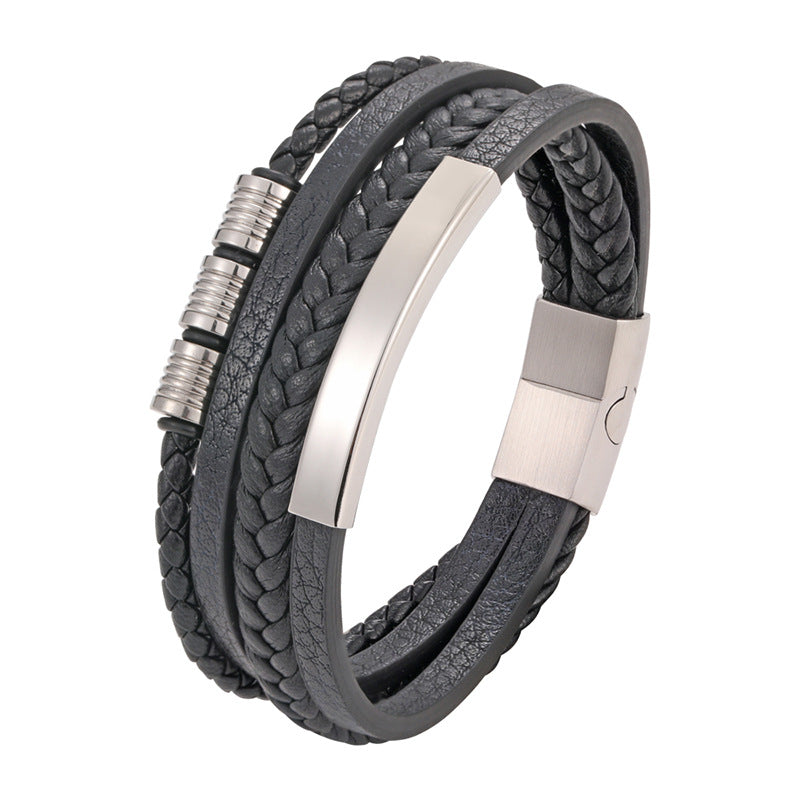 Cross-border Explosive Leather Rope Bracelet Stainless Steel Braided