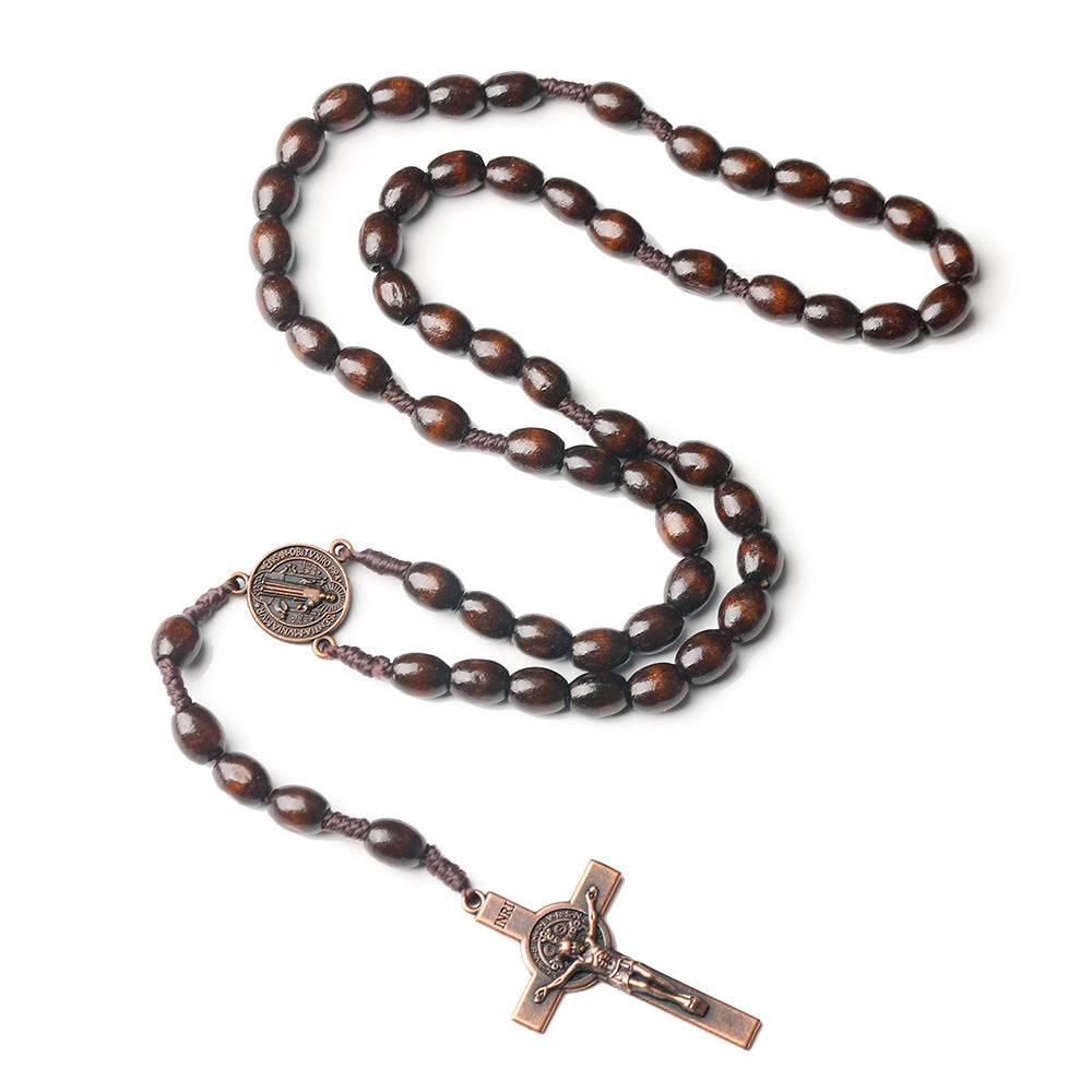 Wooden Beaded Necklace Cross Woven Brown and Beige Beads