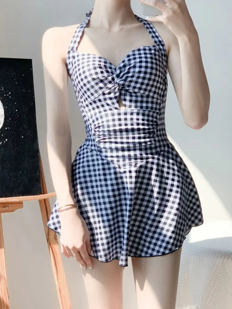 2026 New Women Backless One Piece Swimsuit Modest Plaid Lace Up Skirted Bathing Suit Tummy Control Slimming Beachwear