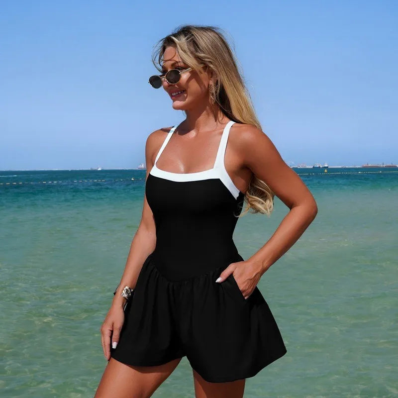 Woman 2026 Tummy Control Modest Swimwear Sleeveless One-Piece Swimsuit Solid Color High Stretch Skirted Hem Cross Back Wide