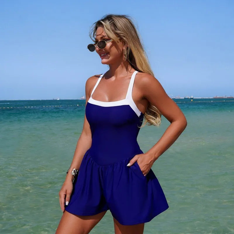 Woman 2026 Tummy Control Modest Swimwear Sleeveless One-Piece Swimsuit Solid Color High Stretch Skirted Hem Cross Back Wide