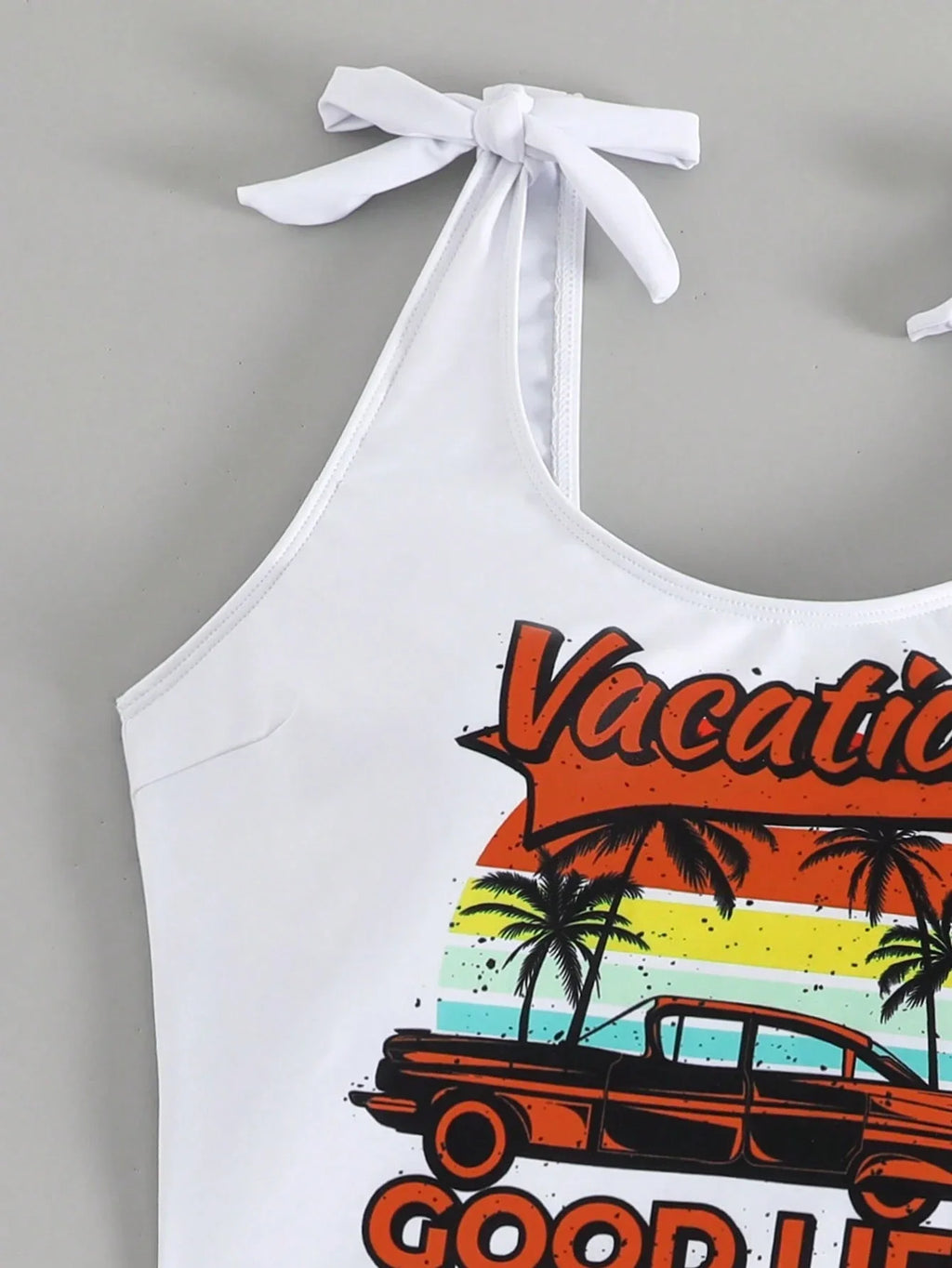 Women Vacation Good Life Graphic Tie Shoulder Tankini Set